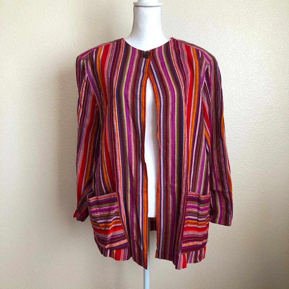 Dior light Jacket 1 button striped pockets coat no collar rainbow shoulder pads
